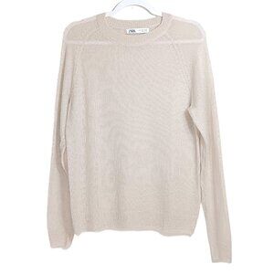 Zara Pullover Sweater Women’s Medium Beige Ribbed Trim Raglan Lagenlook Preppy